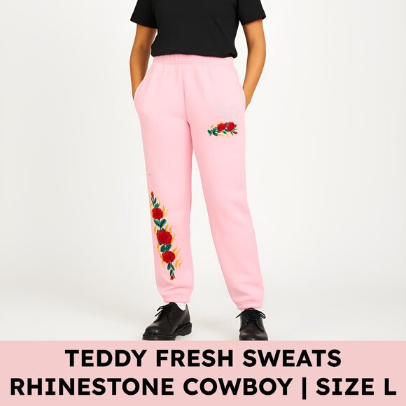 Teddy Fresh Pants - 🔥🌹 Teddy Fresh “Rhinestone Cowboy” Sweatpants — Pink (L) — Embroidered Roses +